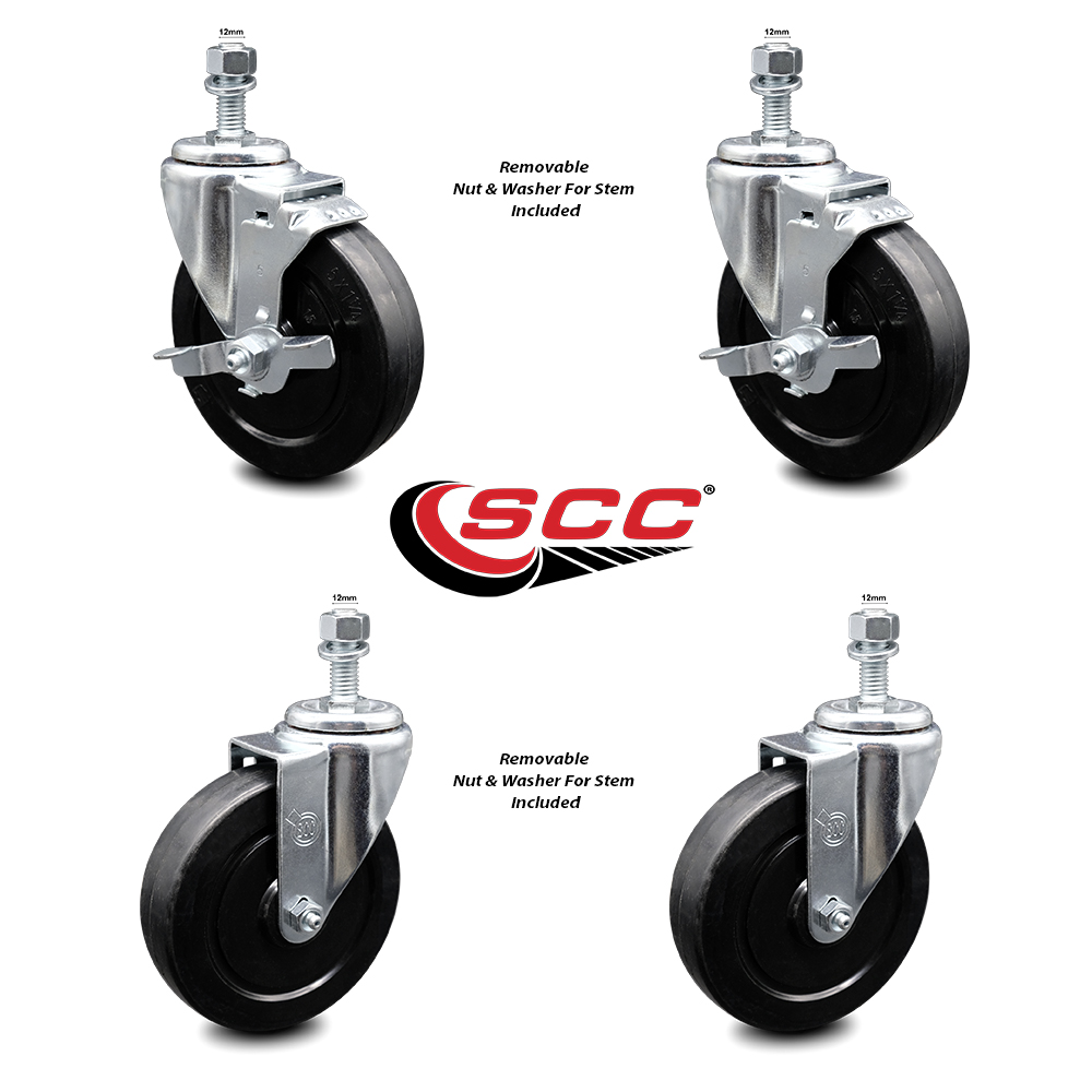 Set Of Four Swivel Stem Caster and 3/" Soft Wheel and 1//2/" Threaded Stem