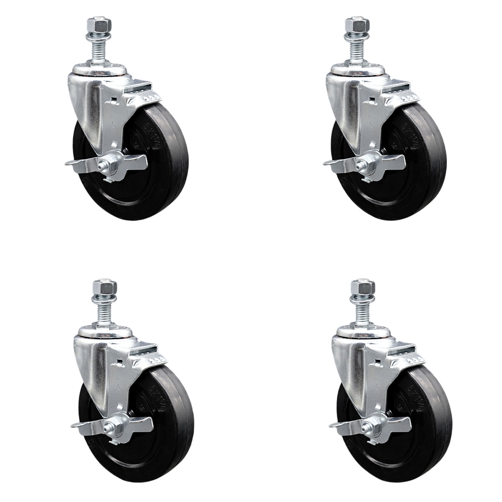 Soft Rubber Swivel Threaded Stem Caster Set of 4 w/5" x 1.25" Black Wheels and 1/2" Stems - Includes 4 with Top Lock Brakes - 1100 lbs Total Capacity - Service Caster Brand — photo 1