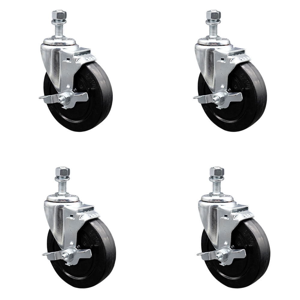Soft Rubber Swivel Threaded Stem Caster Set of 4 w/5" x 1.25" Black Wheels and 10mm Stems - Includes 4 with Top Lock Brakes - 1100 lbs Total Capacity - Service Caster Brand — photo 1