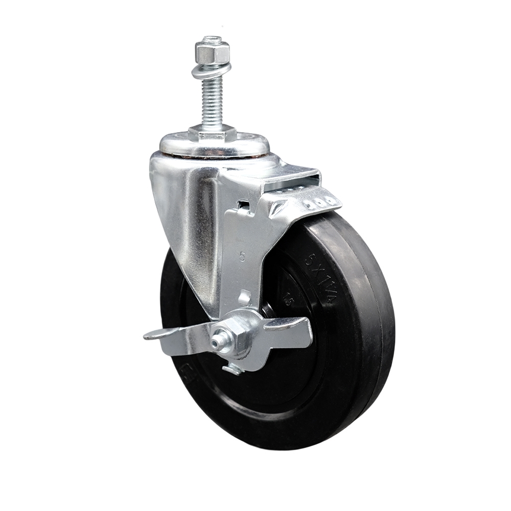 Soft Rubber Swivel Threaded Stem Caster w/5" x 1.25" Black Wheel and 10MM Metric Stem & Top Locking Brake - 275 lbs Capacity/Caster - Service Caster Brand — photo 1