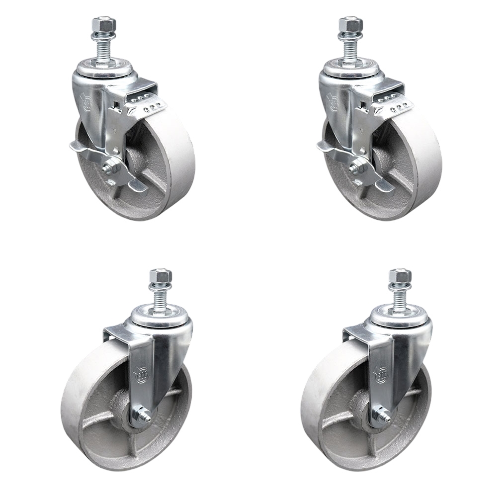 Semi Steel Cast Iron Swivel Threaded Stem Caster Set of 4 - 5" x 1.25" Silver Wheels and 1/2" Stems - Includes 2 with Top Locking Brake - 1200 lbs Total Capacity - Service Caster Brand — photo 1