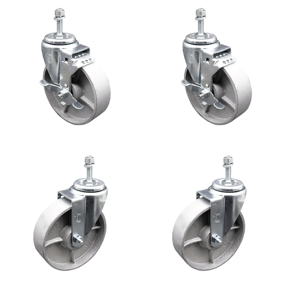 Semi Steel Cast Iron Swivel Threaded Stem Caster Set of 4 - 5" x 1.25" Silver Wheels and 3/8" Stems - Includes 2 with Top Locking Brake - 1200 lbs Total Capacity - Service Caster Brand — photo 1