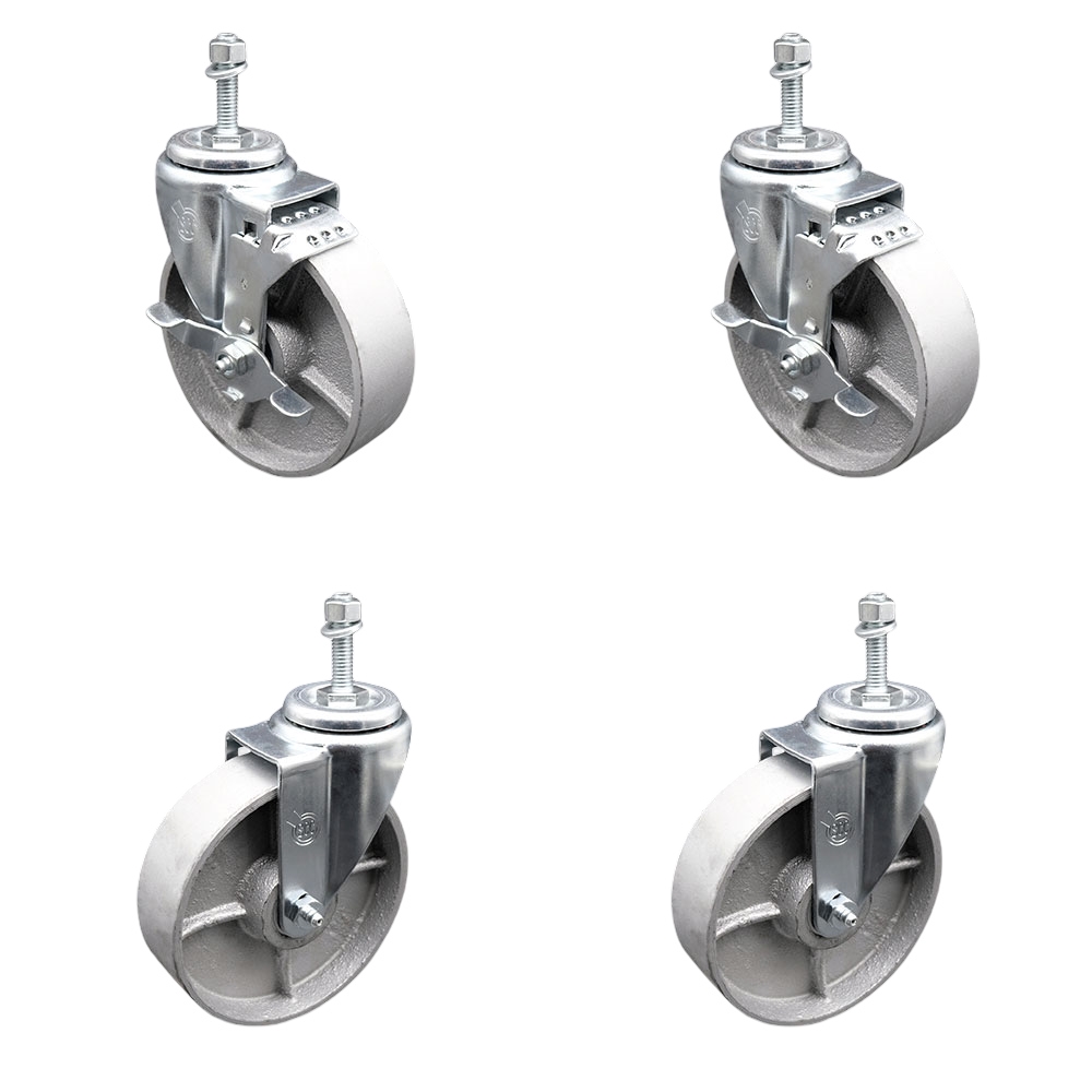 Semi Steel Cast Iron Swivel Threaded Stem Caster Set of 4 - 5" x 1.25" Silver Wheels and 10MM Metric Stems - Includes 2 with Top Locking Brake - 1200 lbs Total Capacity - Service Caster Brand — photo 1