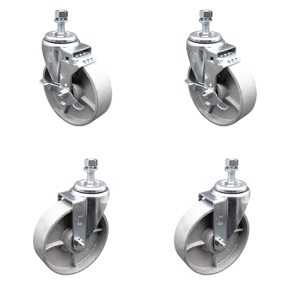 Semi Steel Cast Iron Swivel Threaded Stem Caster Set of 4 - 5" x 1.25" Silver Wheels and 12MM Metric Stems - Includes 2 with Top Locking Brake - 1200 lbs Total Capacity - Service Caster Brand — photo 1