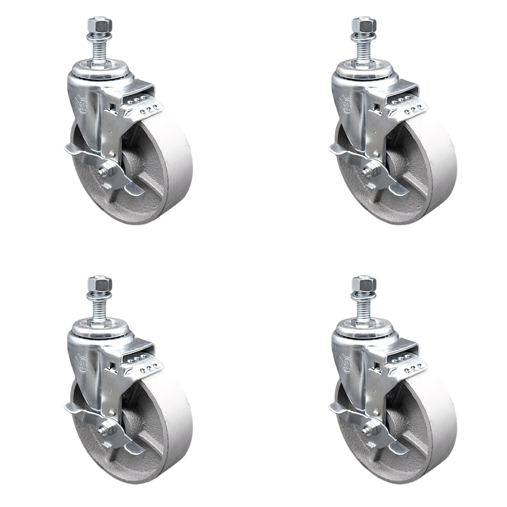 Semi Steel Cast Iron Swivel Threaded Stem Caster Set of 4 w/5" x 1.25" Silver Wheels and 3/8" Stems - Includes 4 with Top Lock Brakes - 1200 lbs Total Capacity - Service Caster Brand — photo 1