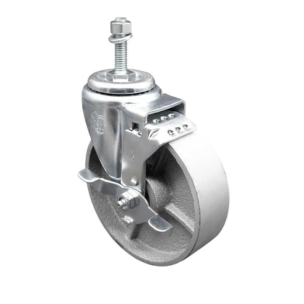 Semi Steel Cast Iron Swivel Threaded Stem Caster - 5" x 1.25" Silver Wheel and 3/8" Stem & Top Locking Brake - 300 lbs Capacity/Caster - Service Caster Brand — photo 1