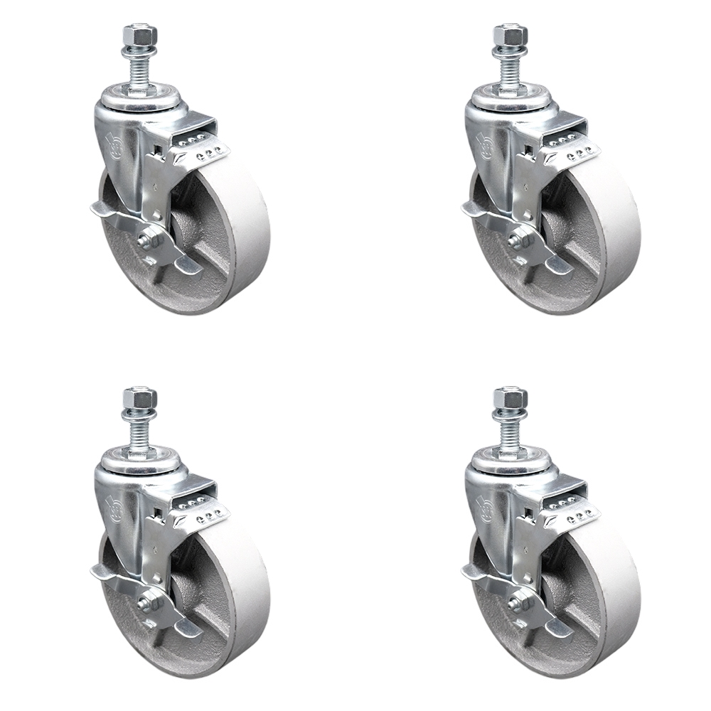 Semi Steel Cast Iron Swivel Threaded Stem Caster Set of 4 w/5" x 1.25" Silver Wheels and 12mm Stems - Includes 4 with Top Lock Brakes - 1200 lbs Total Capacity - Service Caster Brand — photo 1