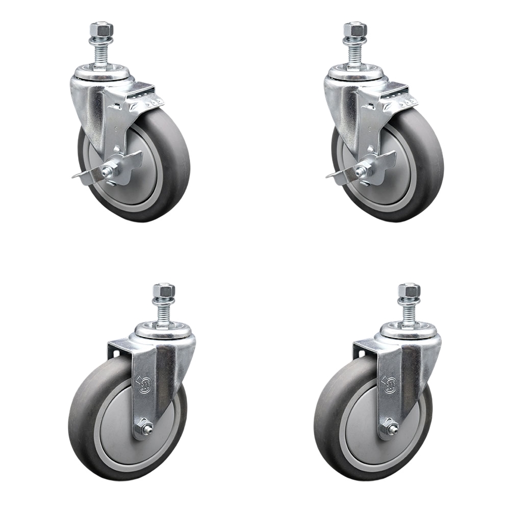 Thermoplastic Rubber Swivel Threaded Stem Caster Set of 4 - 5" x 1.25" Gray Wheels and 1/2" Stems - Includes 2 with Top Locking Brake - 1,200 lbs Total Capacity - Service Caster Brand — photo 1