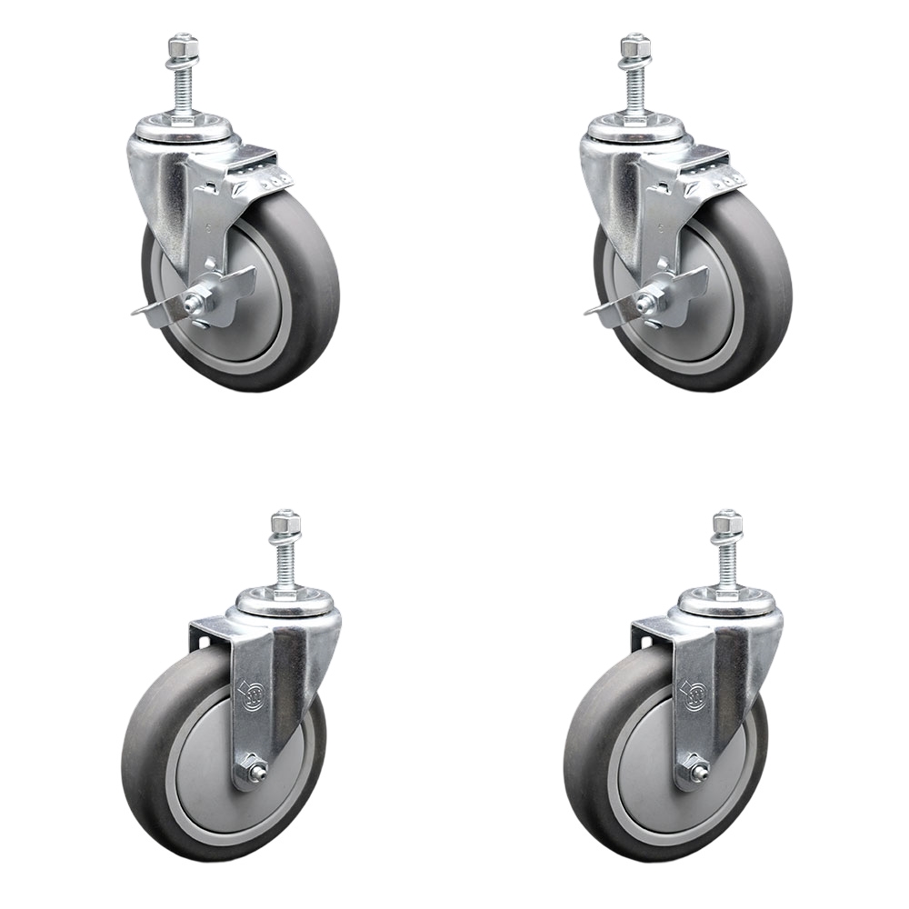 Thermoplastic Rubber Swivel Threaded Stem Caster Set of 4 - 5" x 1.25" Gray Wheels and 3/8" Stems - Includes 2 with Top Locking Brake - 1,200 lbs Total Capacity - Service Caster Brand — photo 1