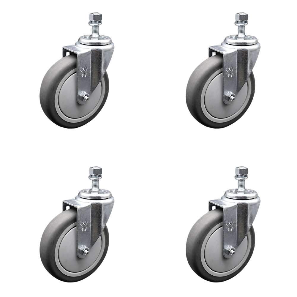 Thermoplastic Rubber Swivel Threaded Stem Caster Set of 4 w/5" x 1.25" Gray Wheels and 3/8" Stems - Includes 4 Swivel - 1200 lbs Total Capacity - Service Caster Brand — photo 1