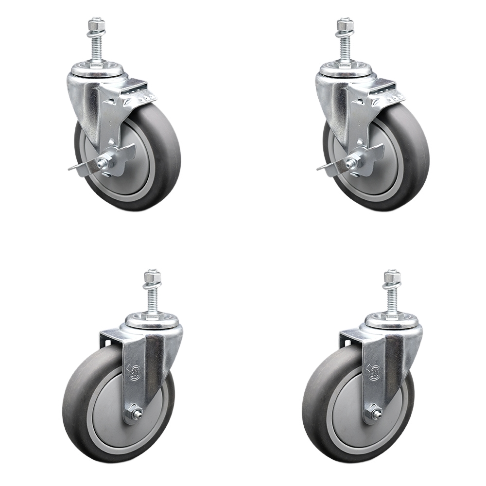Thermoplastic Rubber Swivel Threaded Stem Caster Set of 4 - 5" x 1.25" Gray Wheels and 10MM Metric Stems - Includes 2 with Top Locking Brake - 1,200 lbs Total Capacity - Service Caster Brand — photo 1