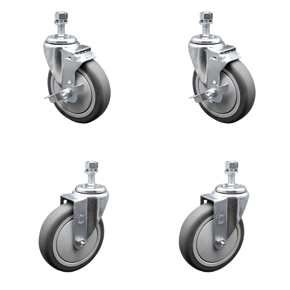 Thermoplastic Rubber Swivel Threaded Stem Caster Set of 4 - 5" x 1.25" Gray Wheels and 12MM Metric Stems - Includes 2 with Top Locking Brake - 1,200 lbs Total Capacity - Service Caster Brand — photo 1