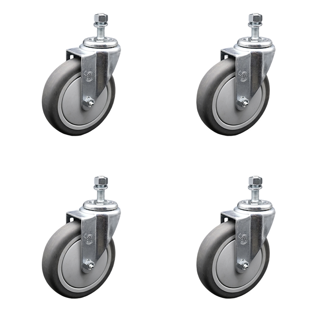 Thermoplastic Rubber Swivel Threaded Stem Caster Set of 4 w/5" x 1.25" Gray Wheels and 12mm Stems - Includes 4 Swivel - 1200 lbs Total Capacity - Service Caster Brand — photo 1