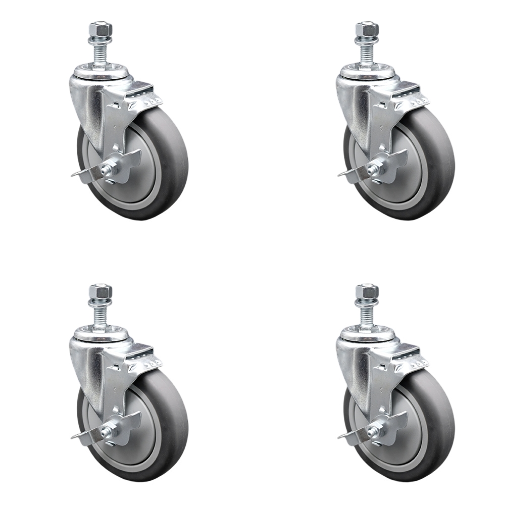 Thermoplastic Rubber Swivel Threaded Stem Caster Set of 4 w/5" x 1.25" Gray Wheels and 3/8" Stems - Includes 4 with Top Lock Brakes - 1200 lbs Total Capacity - Service Caster Brand — photo 1