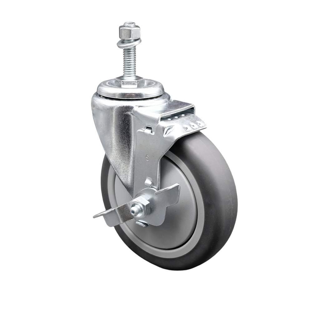 Thermoplastic Rubber Swivel Threaded Stem Caster - 5" x 1.25" Gray Wheel and 10MM Metric Stem & Top Locking Brake - 300 lbs Capacity/Caster - Service Caster Brand — photo 1