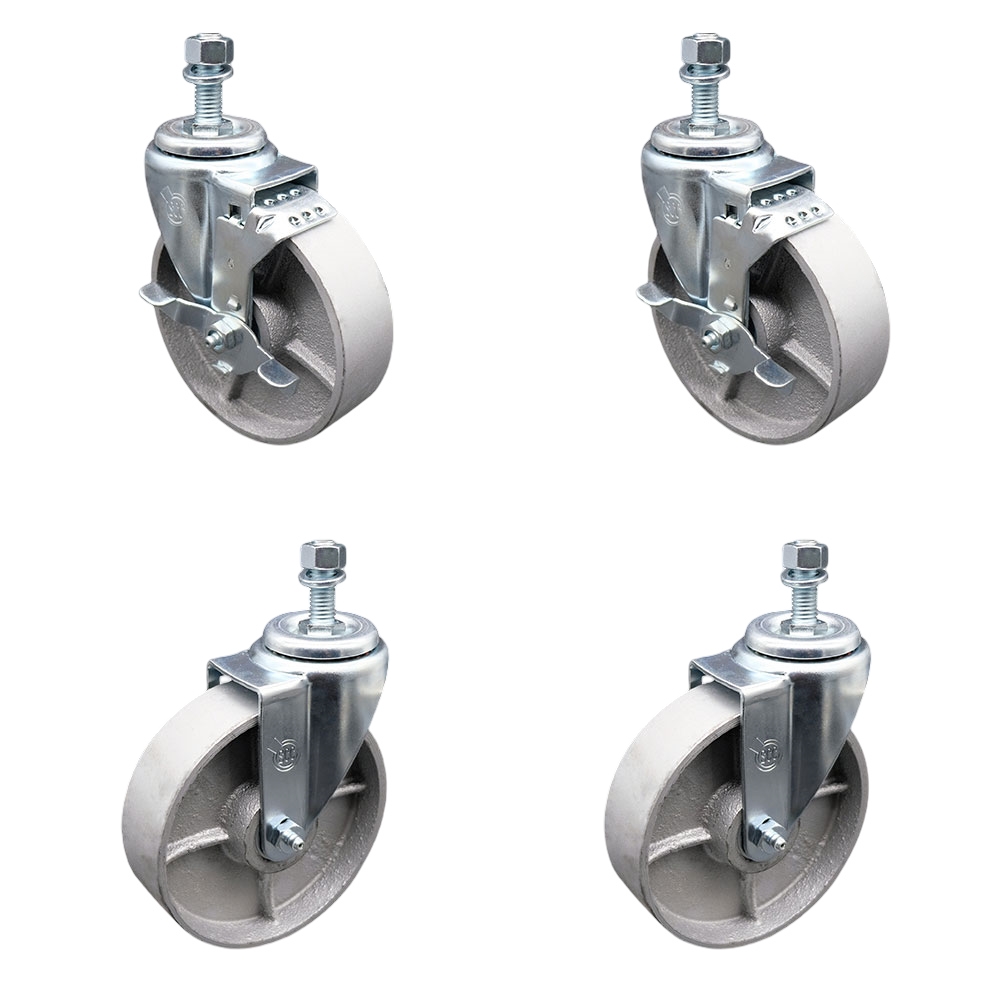 Semi Steel Cast Iron Swivel Threaded Stem Caster Set of 4 w/Roller Bearing - 5" x 1.5" Silver Wheels and 1/2" Stems - Includes 2 with Top Locking Brake - 1200 lbs Total Capacity - Service Caster Brand — photo 1