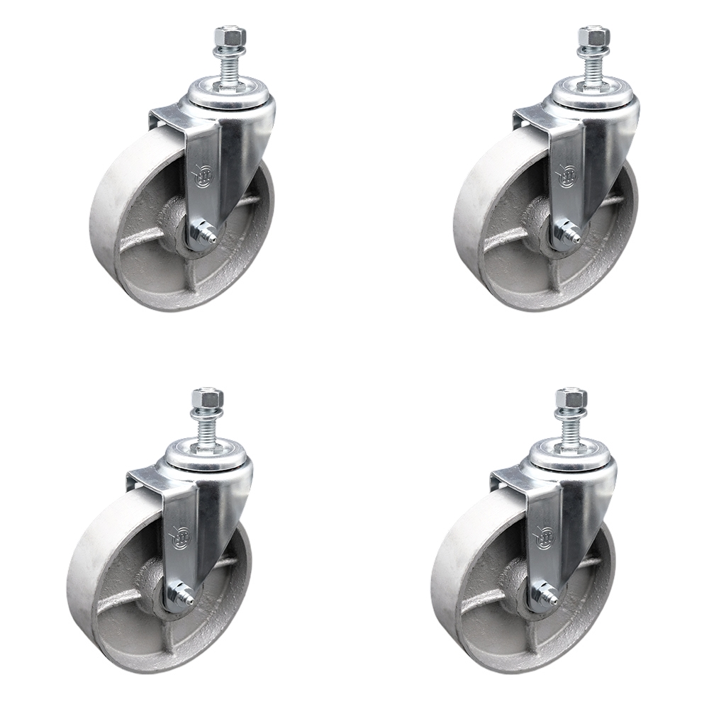 Semi Steel Cast Iron Swivel Threaded Stem Caster w/Roller Bearing Set of 4 w/5" x 1.5" Silver Wheels and 1/2" Stems - Includes 4 Swivel - 1200 lbs Total Capacity - Service Caster Brand — photo 1