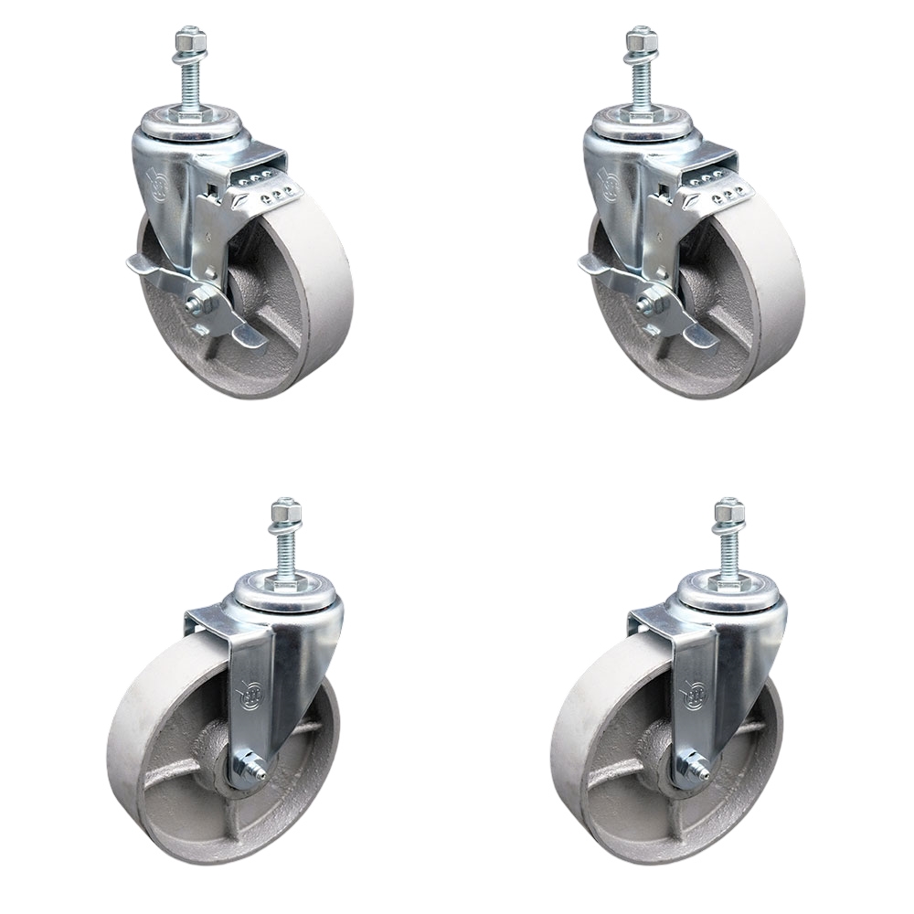 Semi Steel Cast Iron Swivel Threaded Stem Caster Set of 4 w/Roller Bearing - 5" x 1.5" Silver Wheels and 3/8" Stems - Includes 2 with Top Locking Brake - 1200 lbs Total Capacity - Service Caster Brand — photo 1