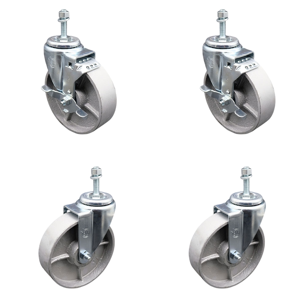 Semi Steel Cast Iron Swivel Threaded Stem Caster Set 4 w/Roller Bearing - 5" x 1.5" Silver Wheels & 10MM Metric Stems - Includes 2 with Top Locking Brake - 1200 lbs Total Capacity-Service Caster Brand — photo 1