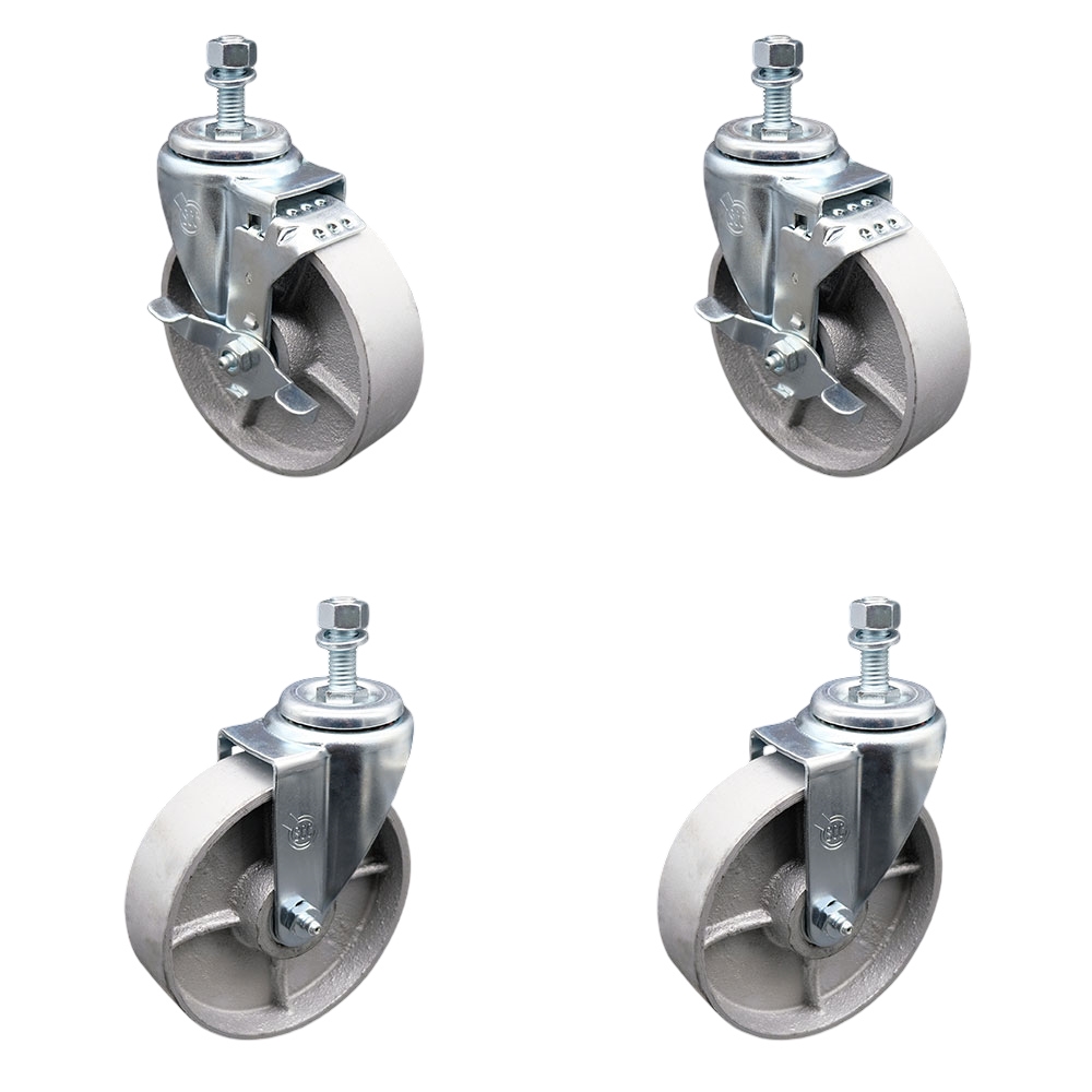 Semi Steel Cast Iron Swivel Threaded Stem Caster Set 4 w/Roller Bearing - 5" x 1.5" Silver Wheels & 12MM Metric Stems - Includes 2 with Top Locking Brake - 1200 lbs Total Capacity-Service Caster Brand — photo 1