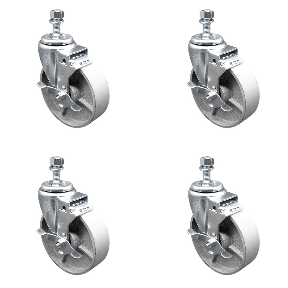 Semi Steel Cast Iron Swivel Threaded Stem Caster w/Roller Bearing Set of 4 w/5" x 1.5" Silver Wheels and 1/2" Stems - Includes 4 with Top Lock Brakes - 1200 lbs Total Capacity - Service Caster Brand — photo 1