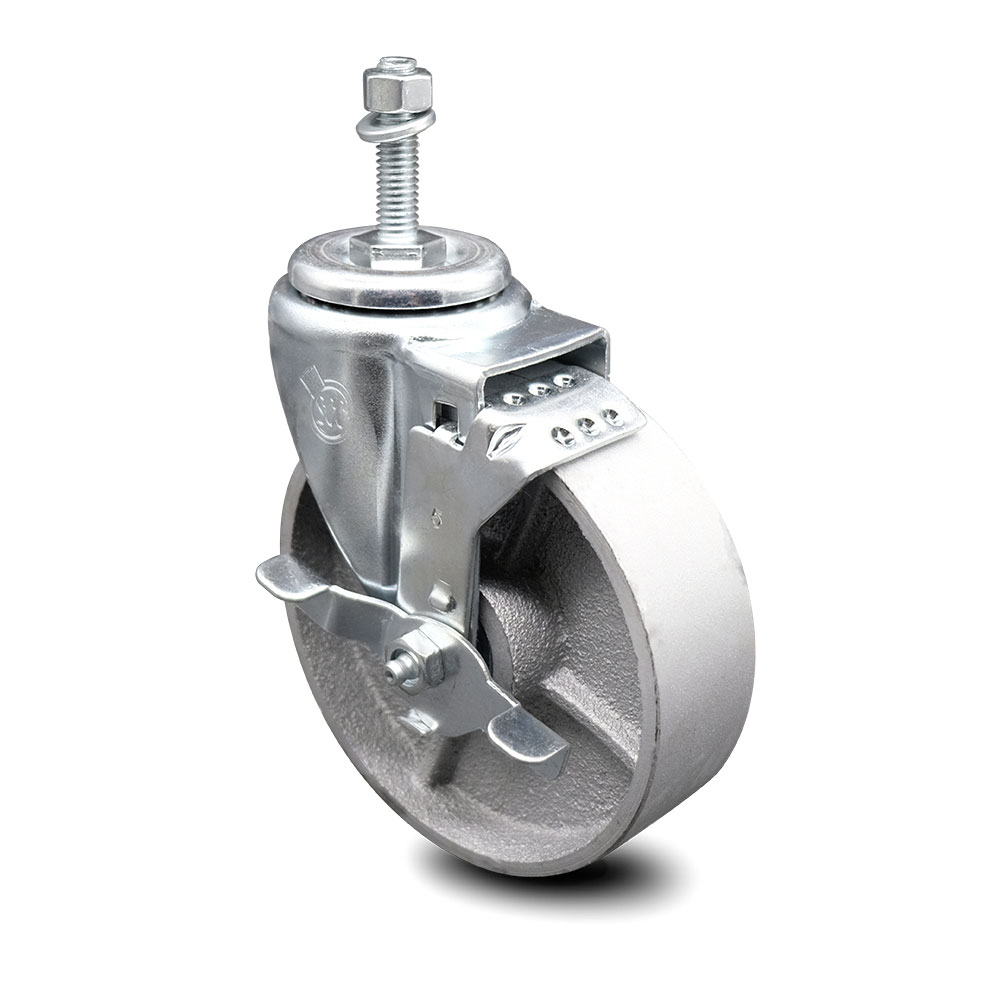 Semi Steel Cast Iron Swivel Threaded Stem Caster w/Roller Bearing - 5" x 1.5" Silver Wheel and 3/8" Stem & Top Locking Brake - 300 lbs Capacity/Caster - Service Caster Brand — photo 1