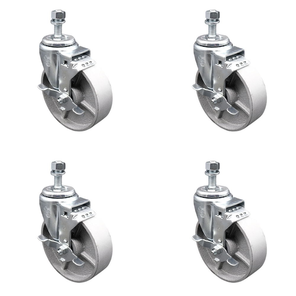 Semi Steel Cast Iron Swivel Threaded Stem Caster w/Roller Bearing Set of 4 w/5" x 1.5" Silver Wheels and 10mm Stems - Includes 4 with Top Lock Brakes - 1200 lbs Total Capacity - Service Caster Brand — photo 1