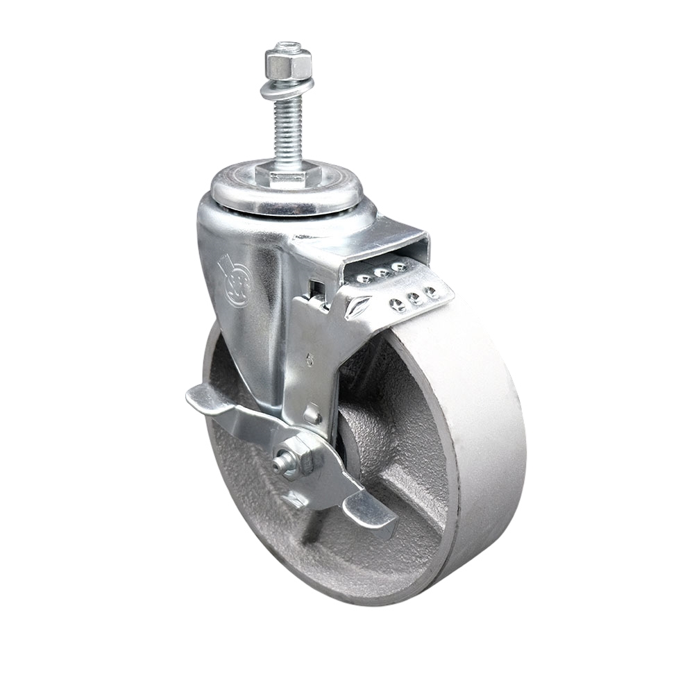 Semi Steel Cast Iron Swivel Threaded Stem Caster w/Roller Bearing - 5" x 1.5" Silver Wheel and 10MM Metric Stem & Top Locking Brake - 300 lbs Capacity/Caster - Service Caster Brand — photo 1