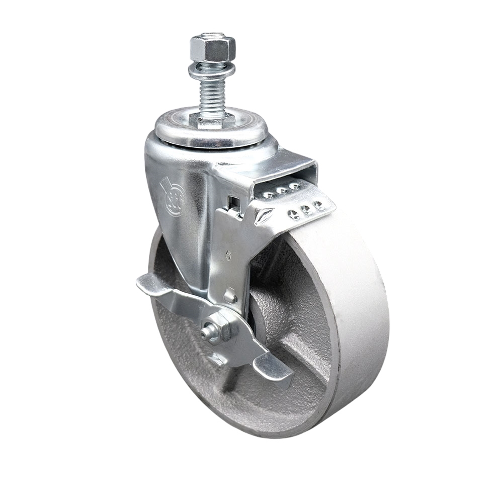 Semi Steel Cast Iron Swivel Threaded Stem Caster w/Roller Bearing - 5" x 1.5" Silver Wheel and 12MM Metric Stem & Top Locking Brake - 300 lbs Capacity/Caster - Service Caster Brand — photo 1