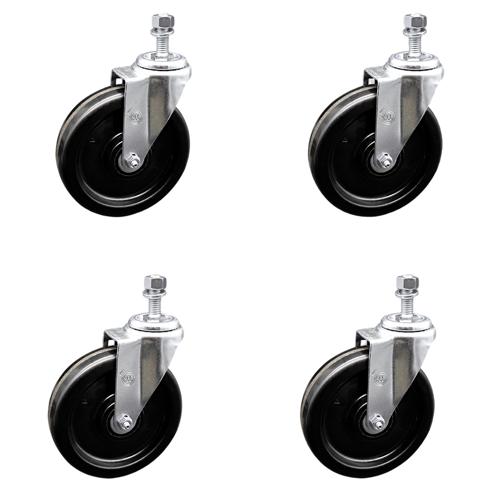 Phenolic Swivel Threaded Stem Caster w/Roller Bearing Set of 4 w/6" x 1.5" Black Wheels and 1/2" Stems - Includes 4 Swivel - 1200 lbs Total Capacity - Service Caster Brand — photo 1