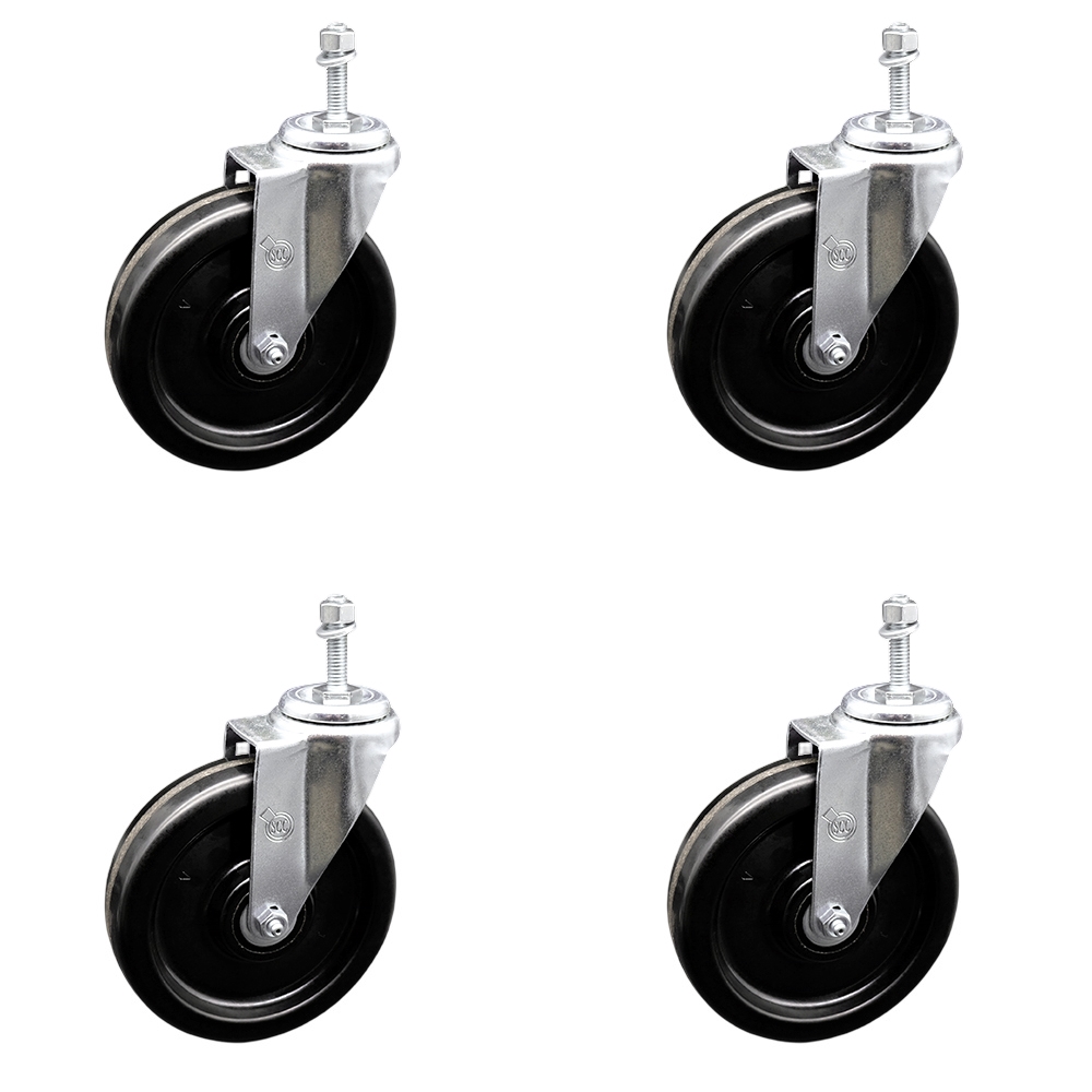 Phenolic Swivel Threaded Stem Caster w/Roller Bearing Set of 4 w/6" x 1.5" Black Wheels and 3/8" Stems - Includes 4 Swivel - 1200 lbs Total Capacity - Service Caster Brand — photo 1