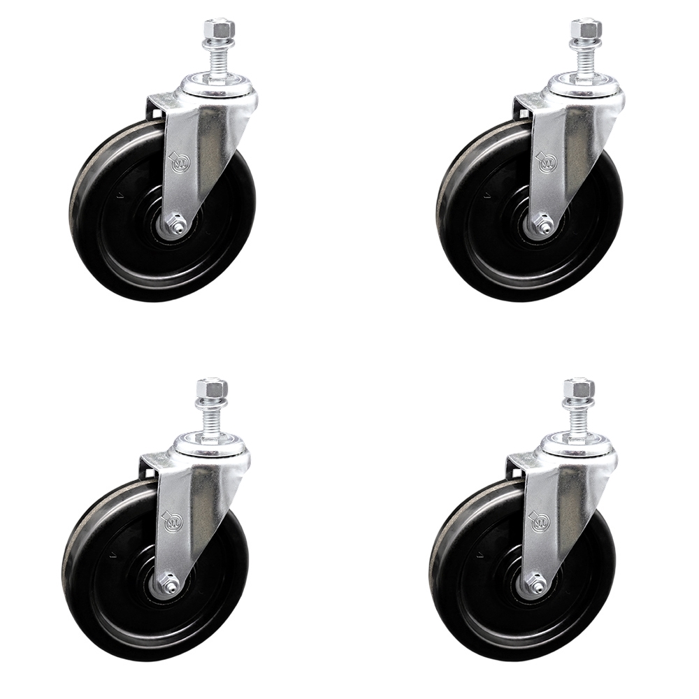 Phenolic Swivel Threaded Stem Caster w/Roller Bearing Set of 4 w/6" x 1.5" Black Wheels and 12mm Stems - Includes 4 Swivel - 1200 lbs Total Capacity - Service Caster Brand — photo 1