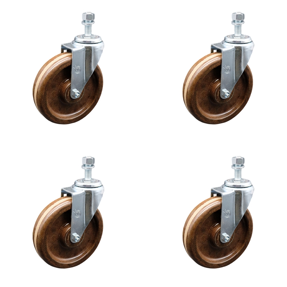 High Temperature Phenolic Swivel Threaded Stem Caster w/Roller Bearing Set of 4 w/6" x 1.5" Brown Wheels and 1/2" Stems - Includes 4 Swivel - 1200 lbs Total Capacity - Service Caster Brand — photo 1