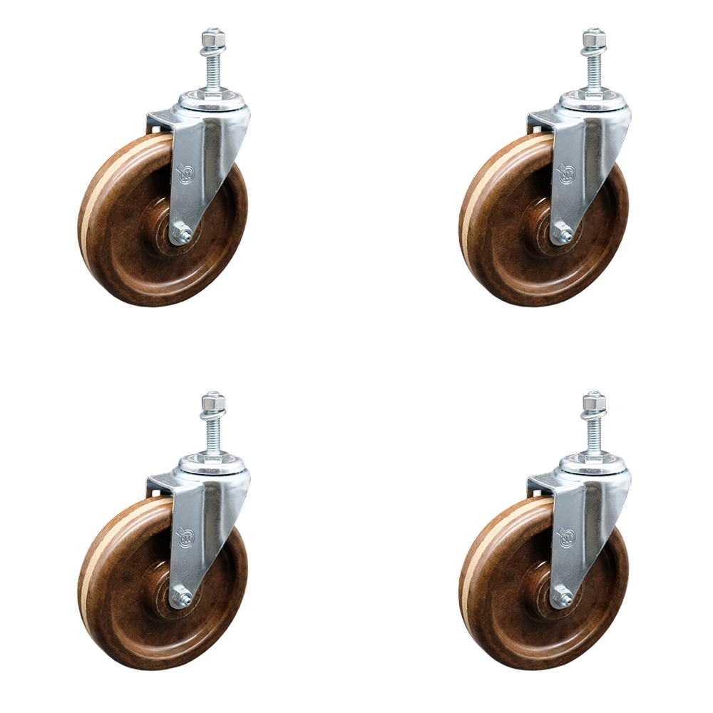 High Temperature Phenolic Swivel Threaded Stem Caster Set of 4 w/6" x 1.5" Brown Wheels and 3/8" Stems - Includes 4 Swivel - 1200 lbs Total Capacity - Service Caster Brand — photo 1