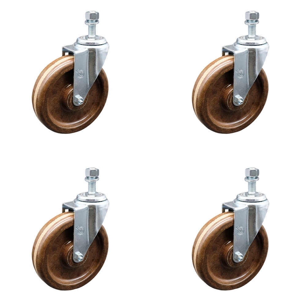 High Temperature Phenolic Swivel Threaded Stem Caster Set of 4 w/6" x 1.5" Brown Wheels and 10mm Stems - Includes 4 Swivel - 1200 lbs Total Capacity - Service Caster Brand — photo 1