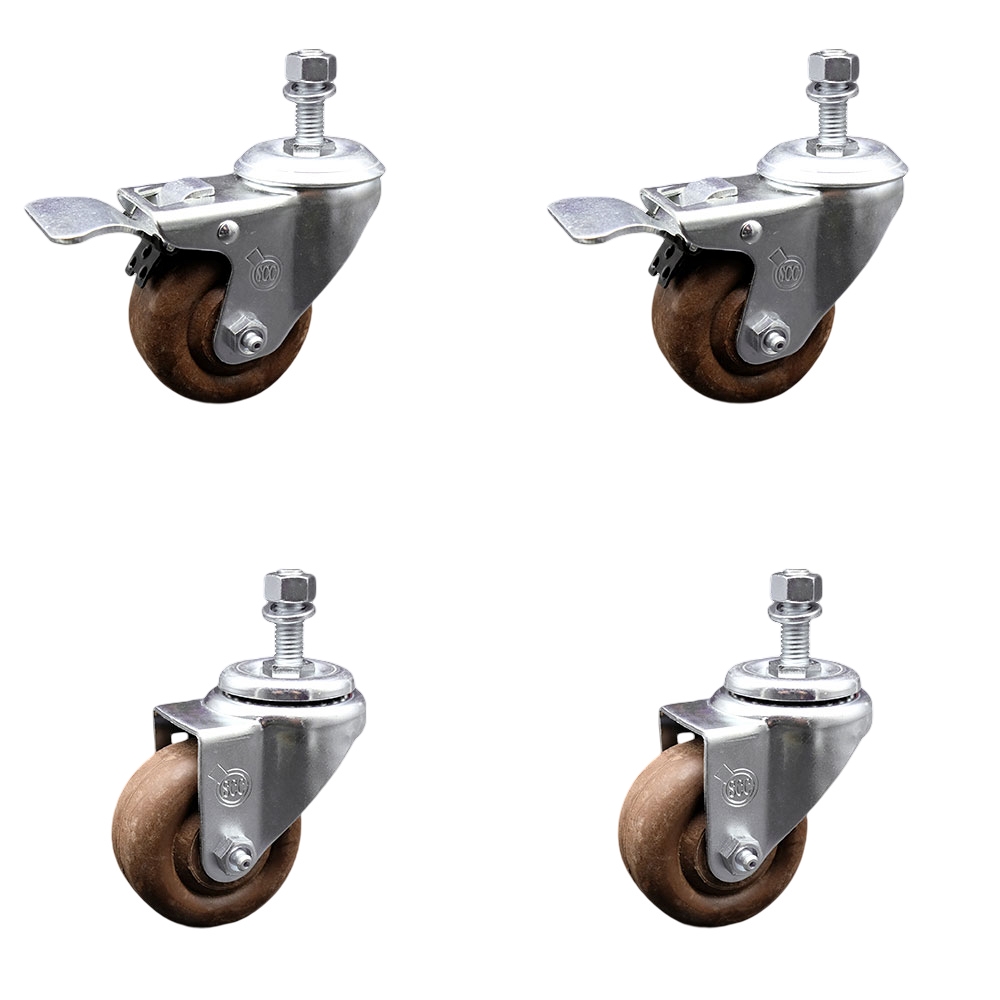 High Temp Glass Filled Nylon Swivel Threaded Stem Caster Set of 4 w/3" x 1.25" Brown Wheels and 1/2" Stems - Includes 2 with Total Locking Brake - 1400 lbs Total Capacity - Service Caster Brand — photo 1