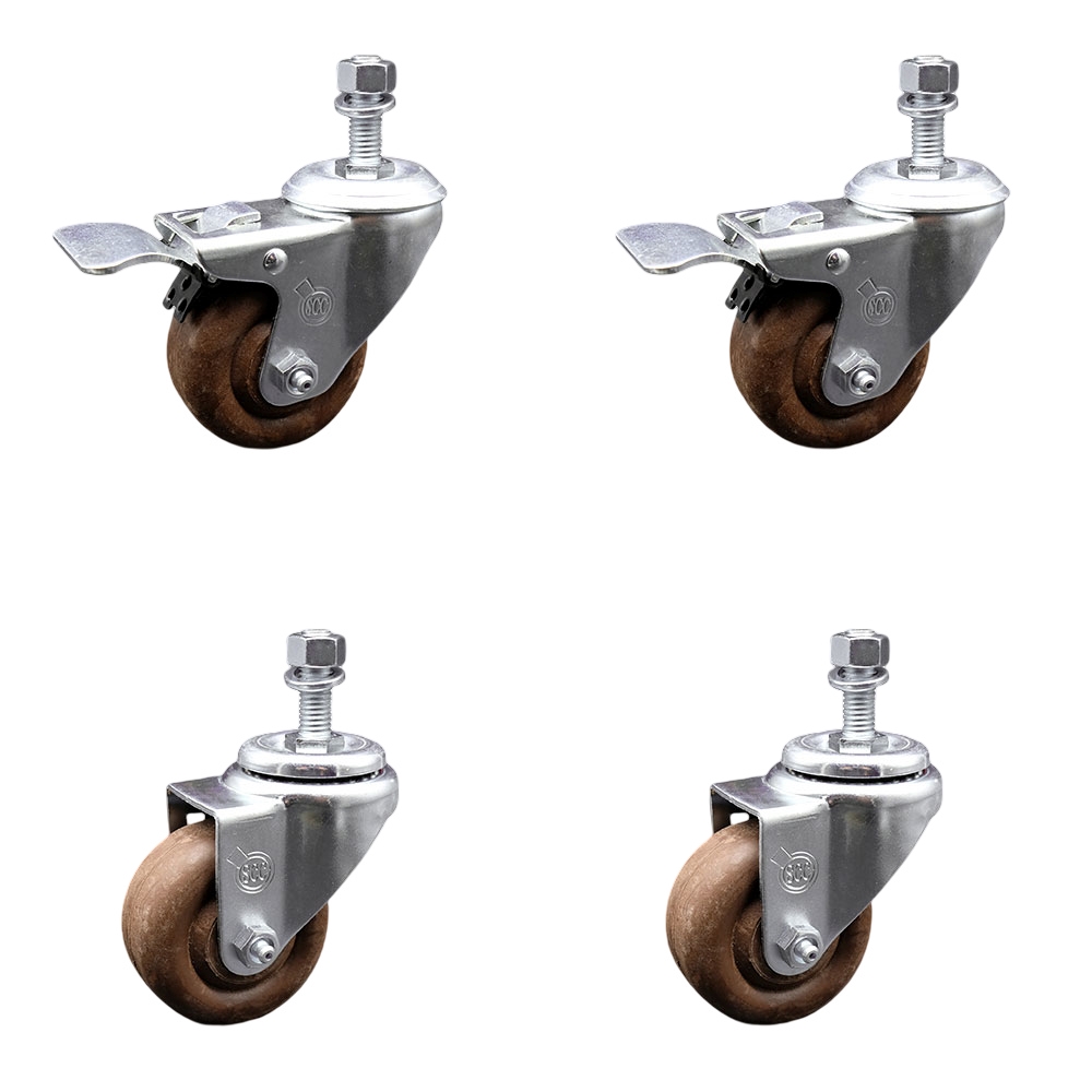 High Temp Glass Filled Nylon Swivel Threaded Stem Caster Set of 4 w/3" x 1.25" Brown Wheels and 12MM Metric Stems - Includes 2 with Total Locking Brake - 1400 lbs Total Capacity - Service Caster Brand — photo 1