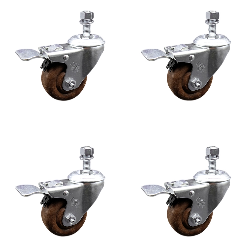 High Temp Glass Filled Nylon Swivel Threaded Stem Caster Set of 4 w/3" x 1.25" Brown Wheels and 12mm Stems - Includes 4 with Total Lock Brakes - 1400 lbs Total Capacity - Service Caster Brand — photo 1