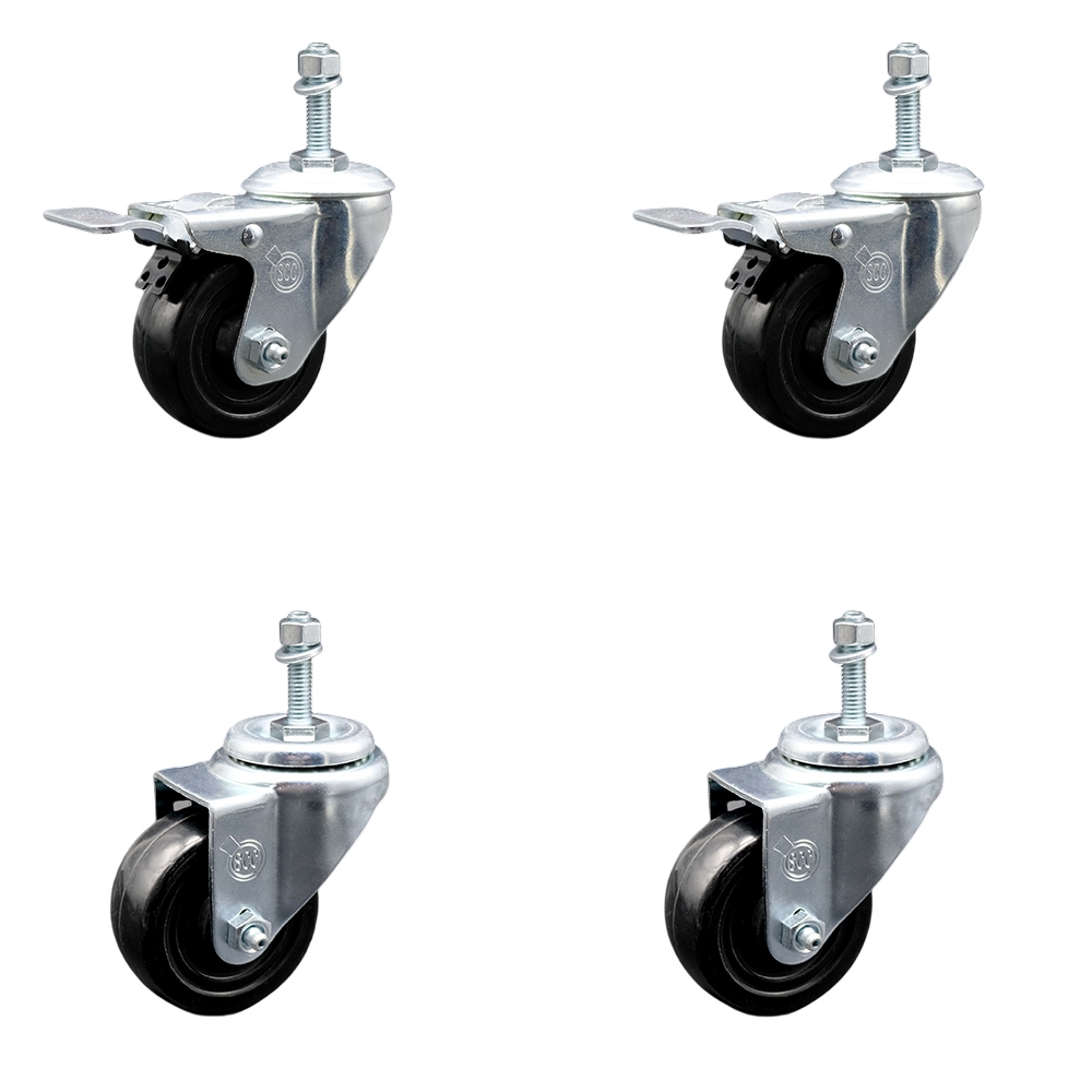 Hard Rubber Swivel Threaded Stem Caster Set of 4 w/3" x 1.25" Black Wheels and 3/8" Stems - Includes 2 with Total Locking Brake - 1100 lbs Total Capacity - Service Caster Brand — photo 1