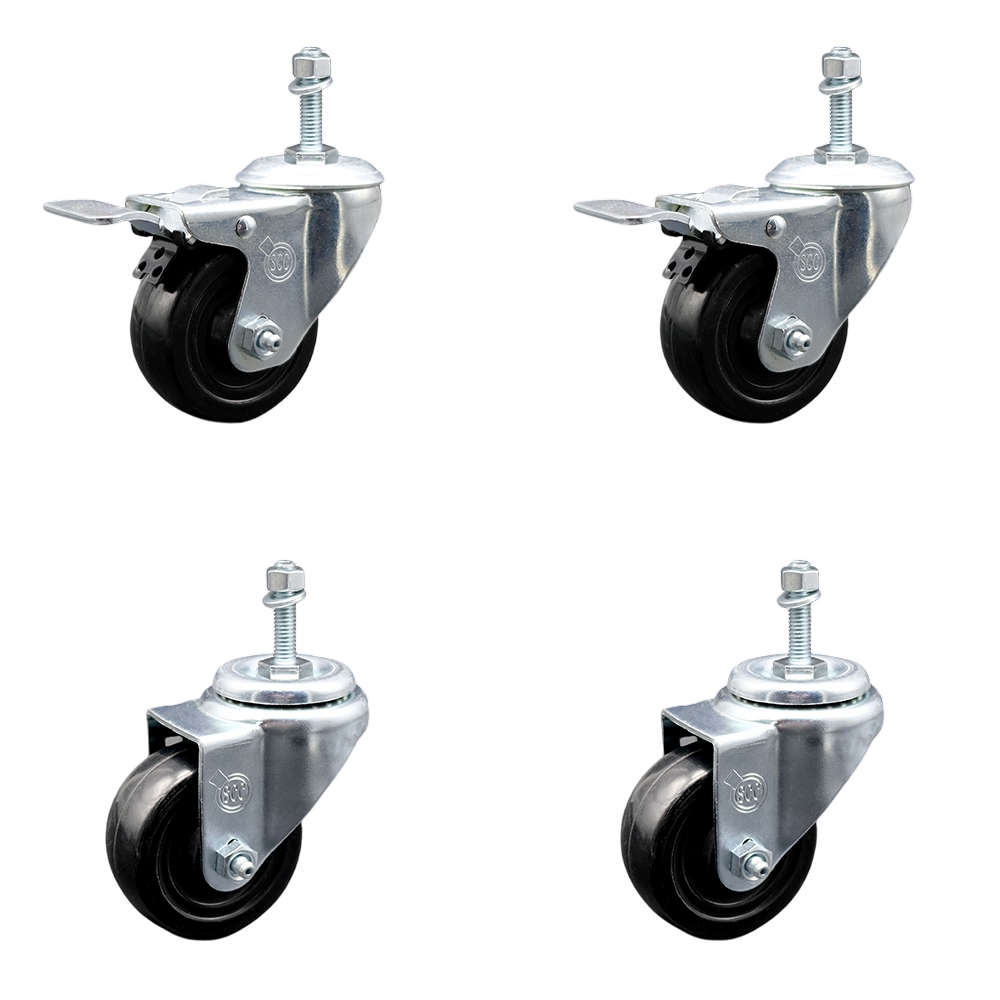 Hard Rubber Swivel Threaded Stem Caster Set of 4 w/3" x 1.25" Black Wheels and 10MM Metric Stems - Includes 2 with Total Locking Brake - 1100 lbs Total Capacity - Service Caster Brand — photo 1