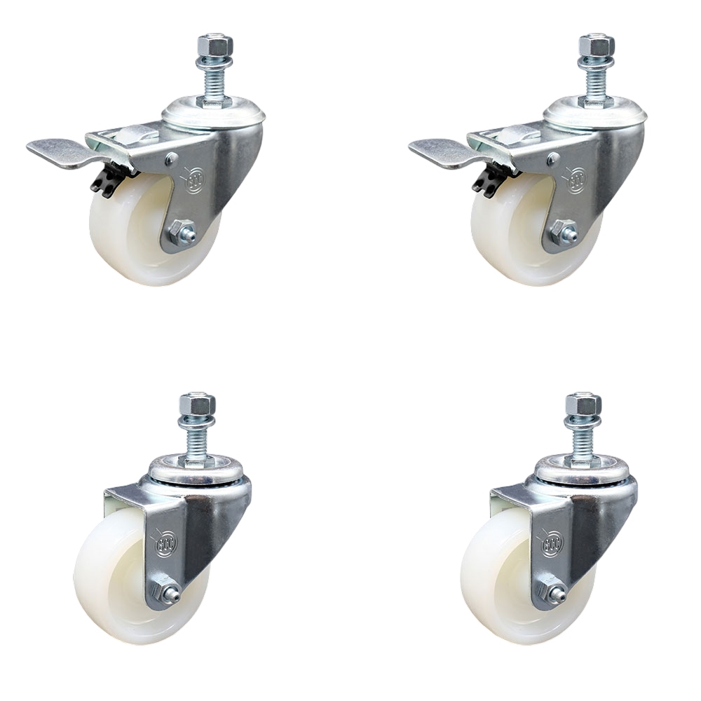 Nylon Swivel Threaded Stem Caster Set of 4 w/3" x 1.25" White Wheels and 1/2" Stems - Includes 2 with Total Locking Brake - 1200 lbs Total Capacity - Service Caster Brand — photo 1