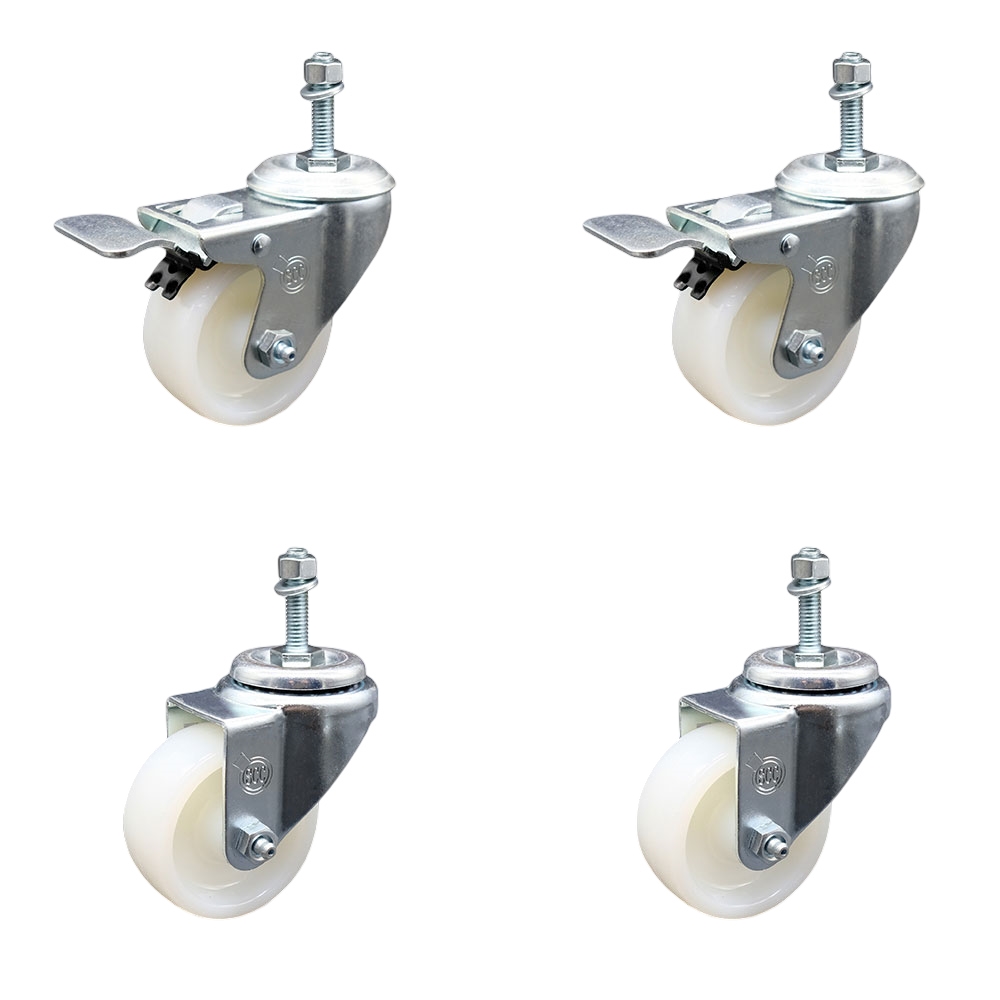 Nylon Swivel Threaded Stem Caster Set of 4 w/3" x 1.25" White Wheels and 10MM Metric Stems - Includes 2 with Total Locking Brake - 1200 lbs Total Capacity - Service Caster Brand — photo 1