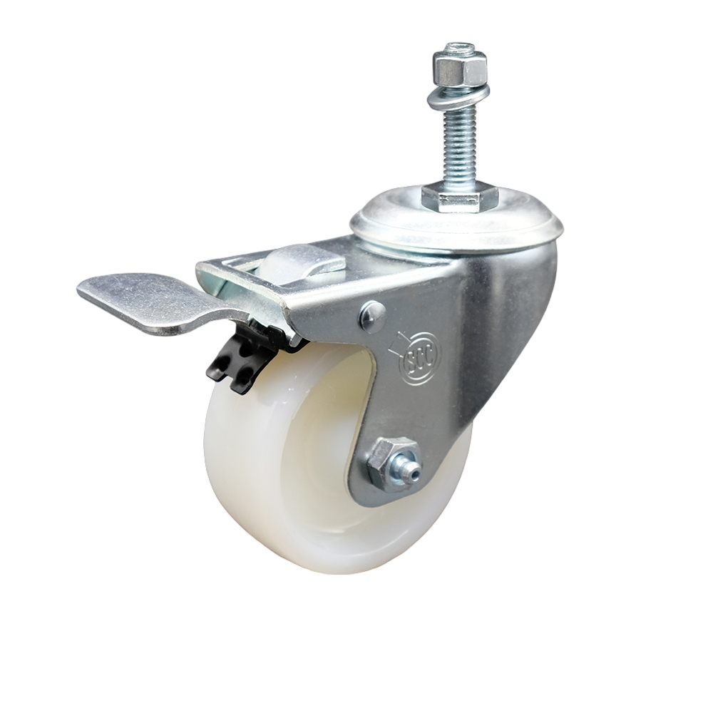 Nylon Swivel Threaded Stem Caster w/3" x 1.25" White Wheel and 10MM Metric Stem & Total Locking Brake - 300 lbs Capacity/Caster - Service Caster Brand — photo 1
