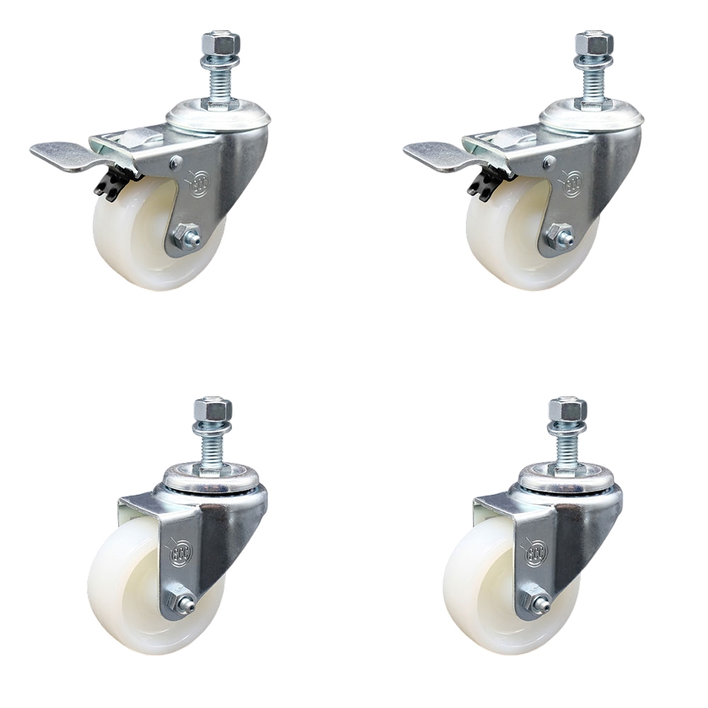 Nylon Swivel Threaded Stem Caster Set of 4 w/3" x 1.25" White Wheels and 12MM Metric Stems - Includes 2 with Total Locking Brake - 1200 lbs Total Capacity - Service Caster Brand — photo 1