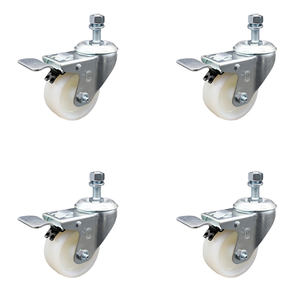 Nylon Swivel Threaded Stem Caster Set of 4 w/3" x 1.25" White Wheels and 12mm Stems - Includes 4 with Total Lock Brakes - 1200 lbs Total Capacity - Service Caster Brand — photo 1