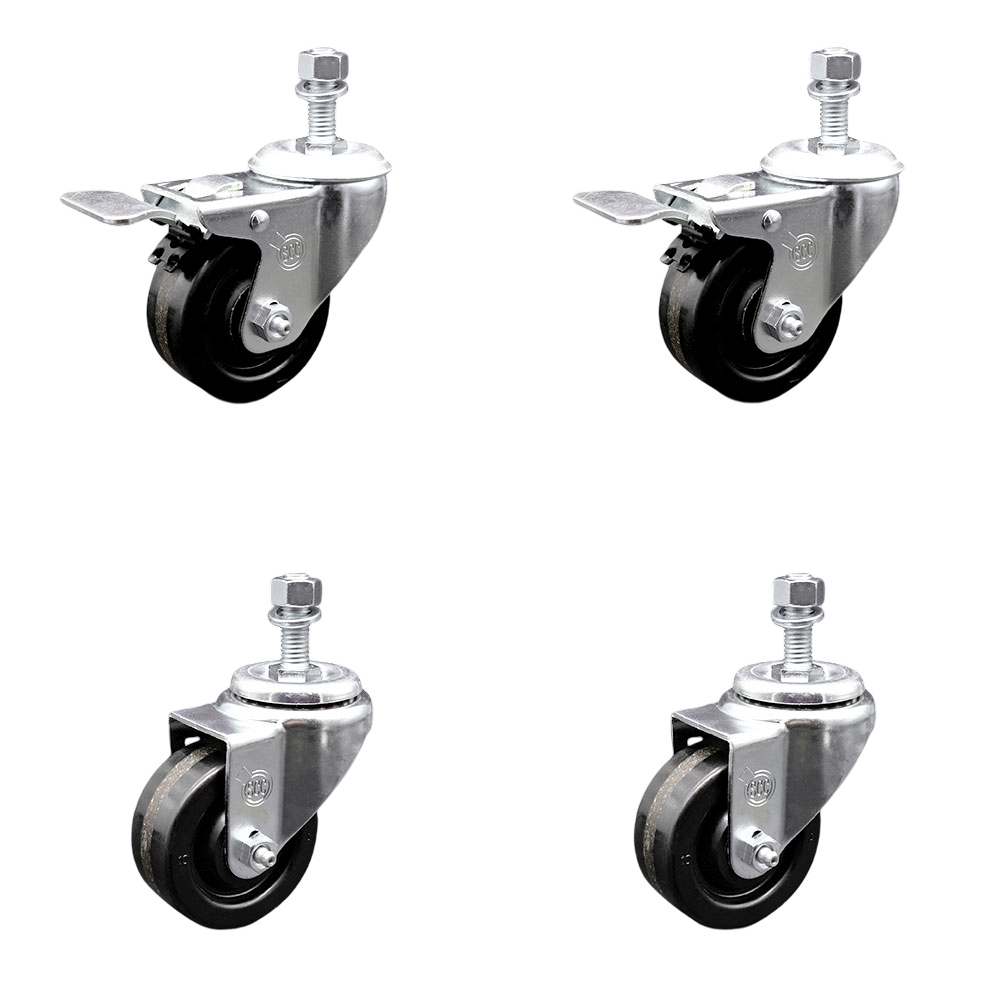 Phenolic Swivel Threaded Stem Caster Set of 4 w/Roller Bearing - 3" x 1.25" Black Wheels and 1/2" Stems - Includes 2 with Total Locking Brake - 1200 lbs Total Capacity - Service Caster Brand — photo 1