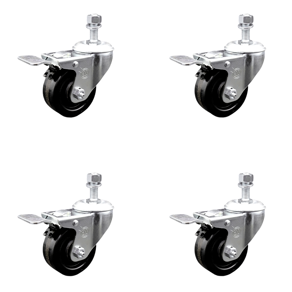 Phenolic Swivel Threaded Stem Caster w/Roller Bearing Set of 4 w/3" x 1.25" Black Wheels and 1/2" Stems - Includes 4 with Total Lock Brakes - 1200 lbs Total Capacity - Service Caster Brand — photo 1