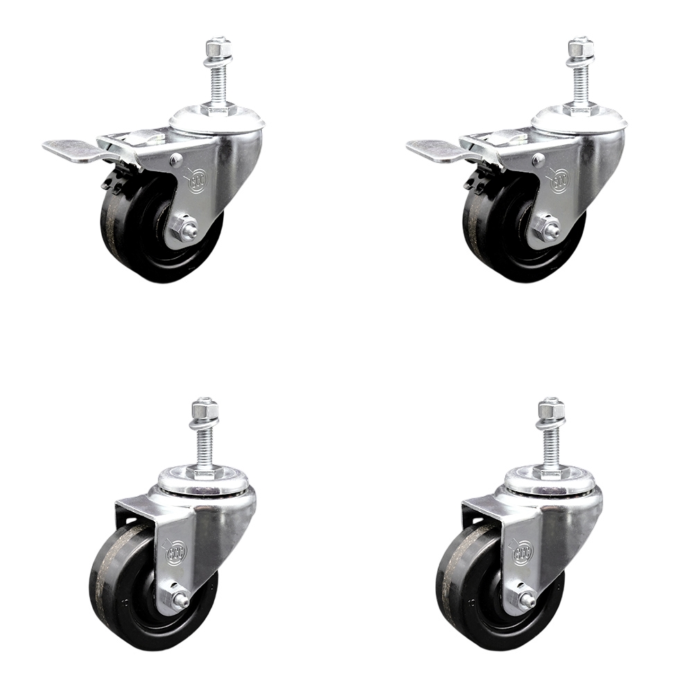 Phenolic Swivel Threaded Stem Caster Set of 4 w/Roller Bearing - 3" x 1.25" Black Wheels and 3/8" Stems - Includes 2 with Total Locking Brake - 1200 lbs Total Capacity - Service Caster Brand — photo 1