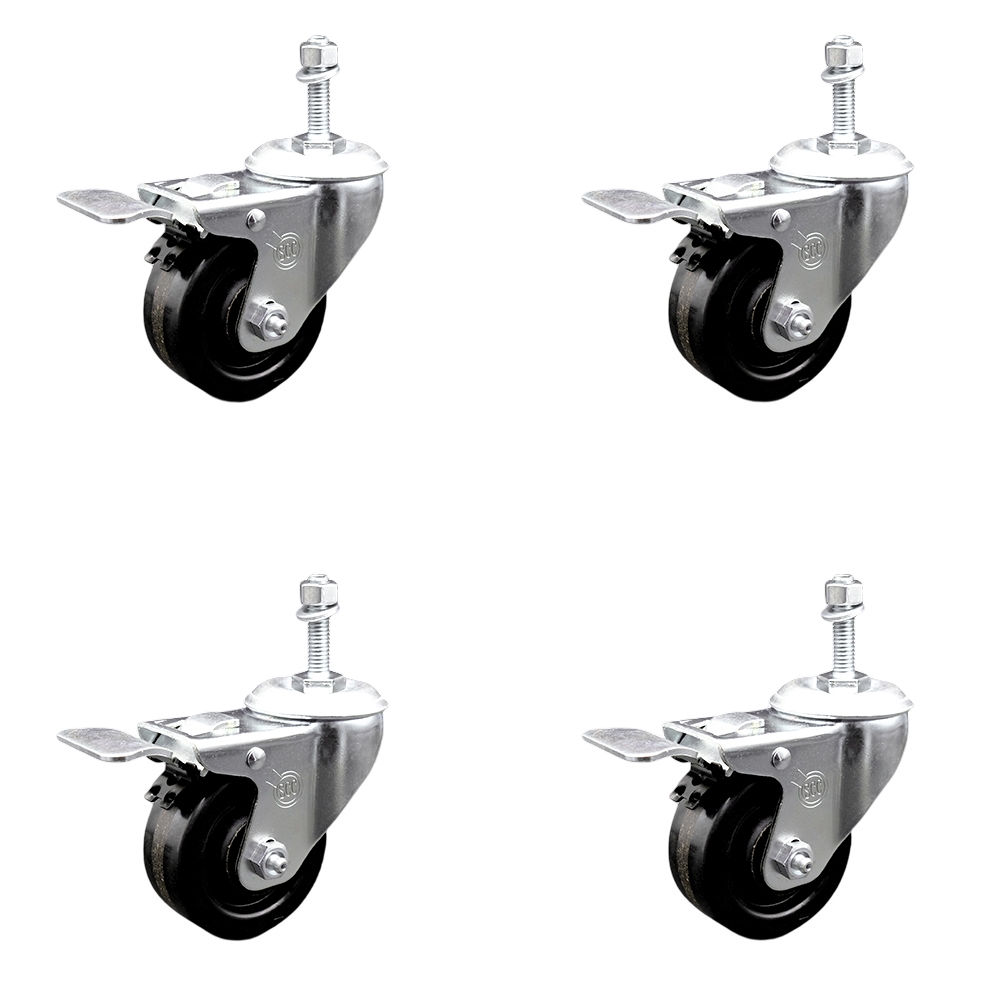 Phenolic Swivel Threaded Stem Caster w/Roller Bearing Set of 4 w/3" x 1.25" Black Wheels and 3/8" Stems - Includes 4 with Total Lock Brakes - 1200 lbs Total Capacity - Service Caster Brand — photo 1