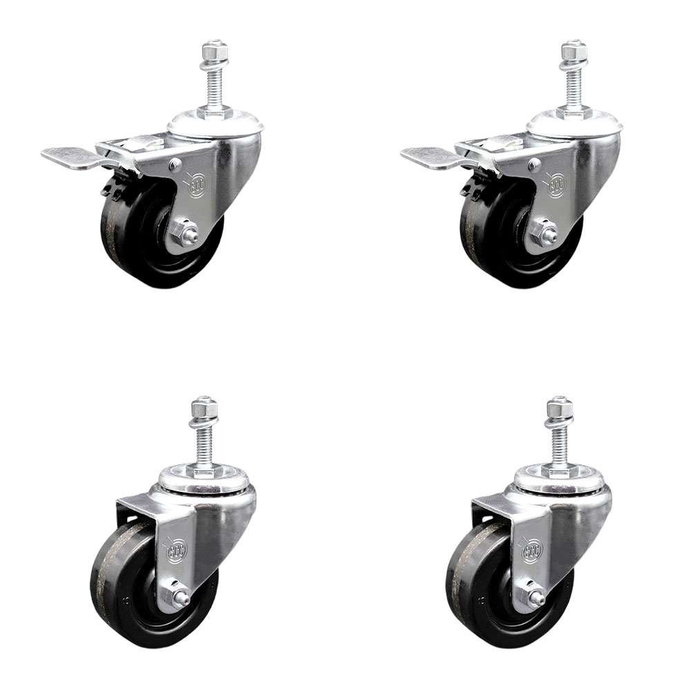 Phenolic Swivel Threaded Stem Caster Set of 4 w/Roller Bearing - 3" x 1.25" Black Wheels and 10MM Metric Stems - Includes 2 with Total Locking Brake - 1200 lbs Total Capacity - Service Caster Brand — photo 1